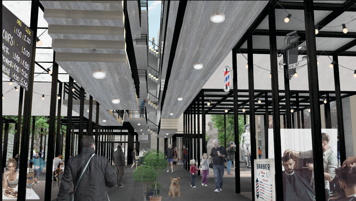 Covered street with black structural frames and concrete ceiling panels with pedestrians and a barber pole