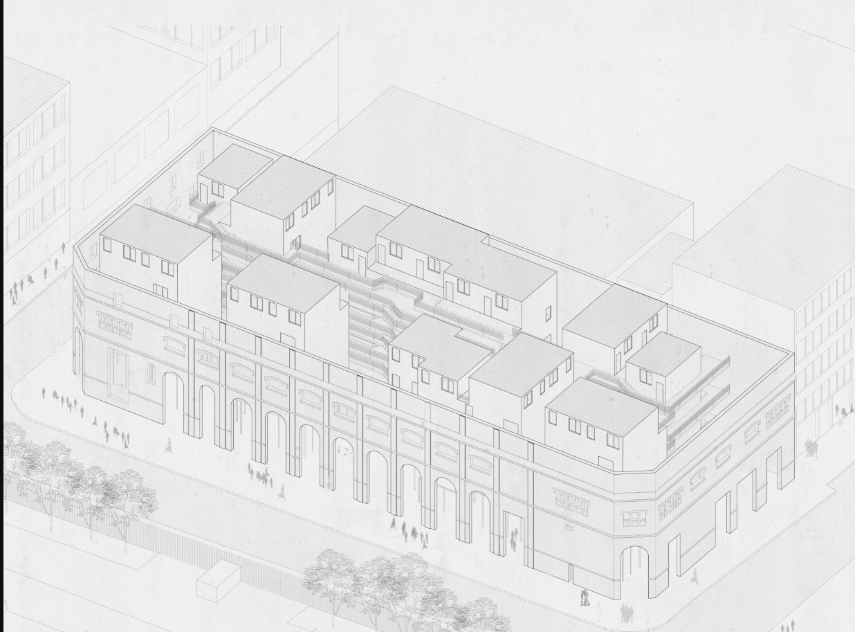 Axonometric drawing showing a block with arched facade and stacked residential volumes behind it
