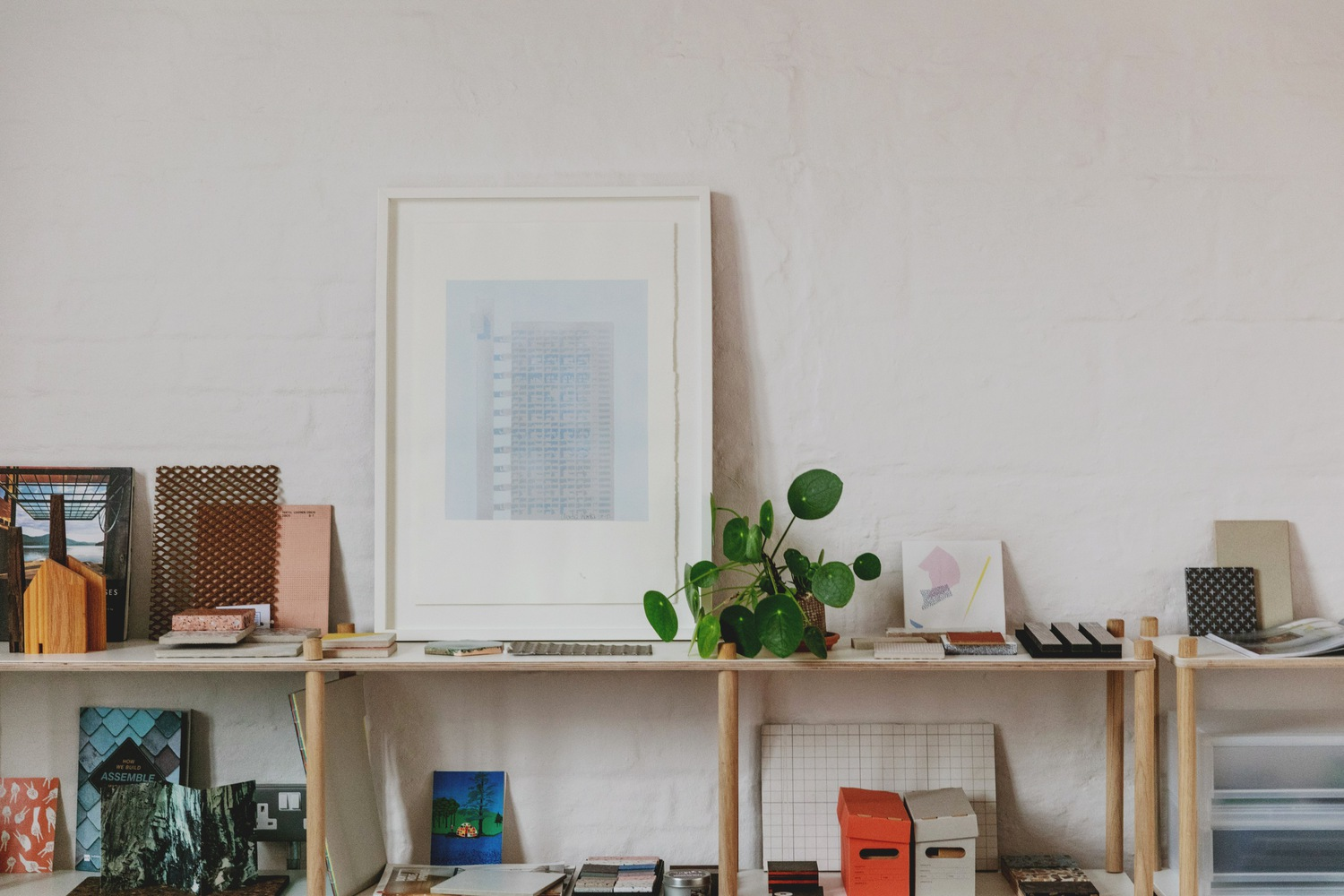 Timber shelf displaying framed artwork, material samples, and a potted plant against a textured plaster wall