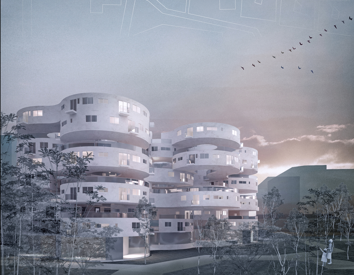 Ribbon House Exterior: A fluid architectural form inspired by ribbons, redefining urban living in Guangzhou.