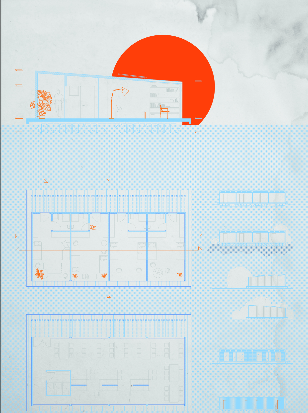 Section and plan drawings with floor layouts and elevation studies alongside an orange circular accent