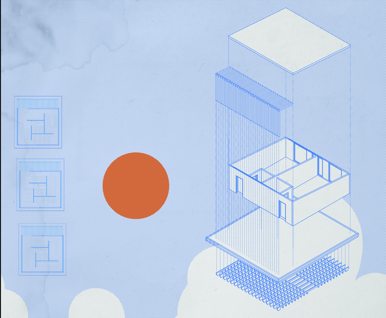 Axonometric exploded drawing revealing three stacked floor plates with a vertical slatted core and orange circle