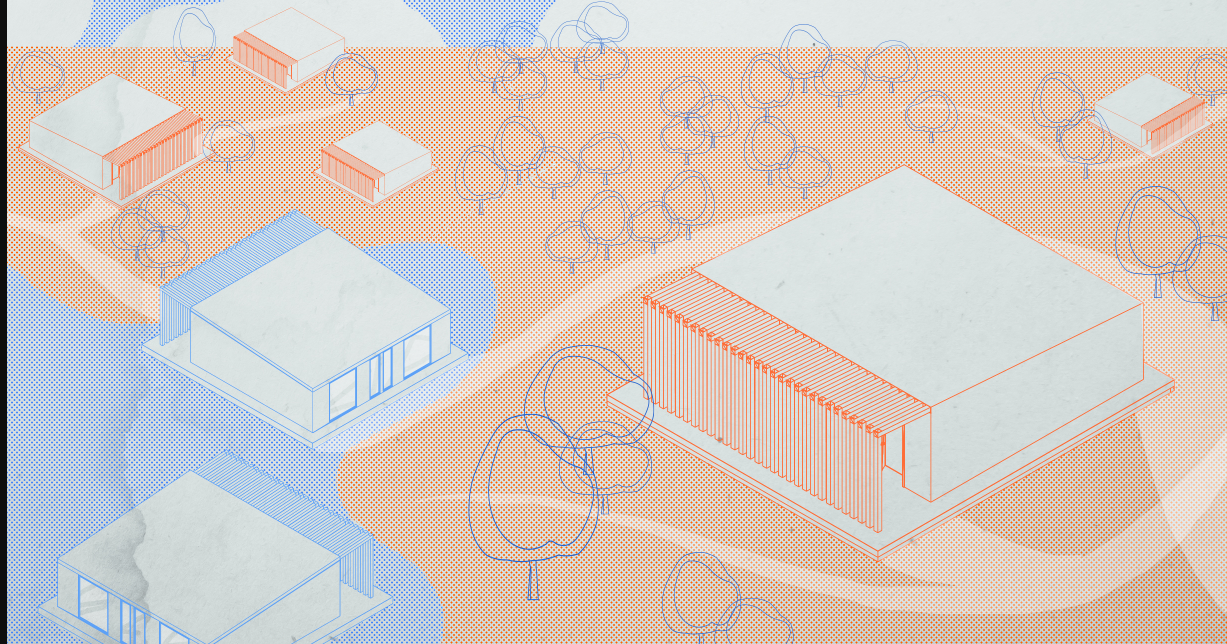 Isometric drawing showing scattered rectangular buildings with vertical slat facades among circular tree canopies