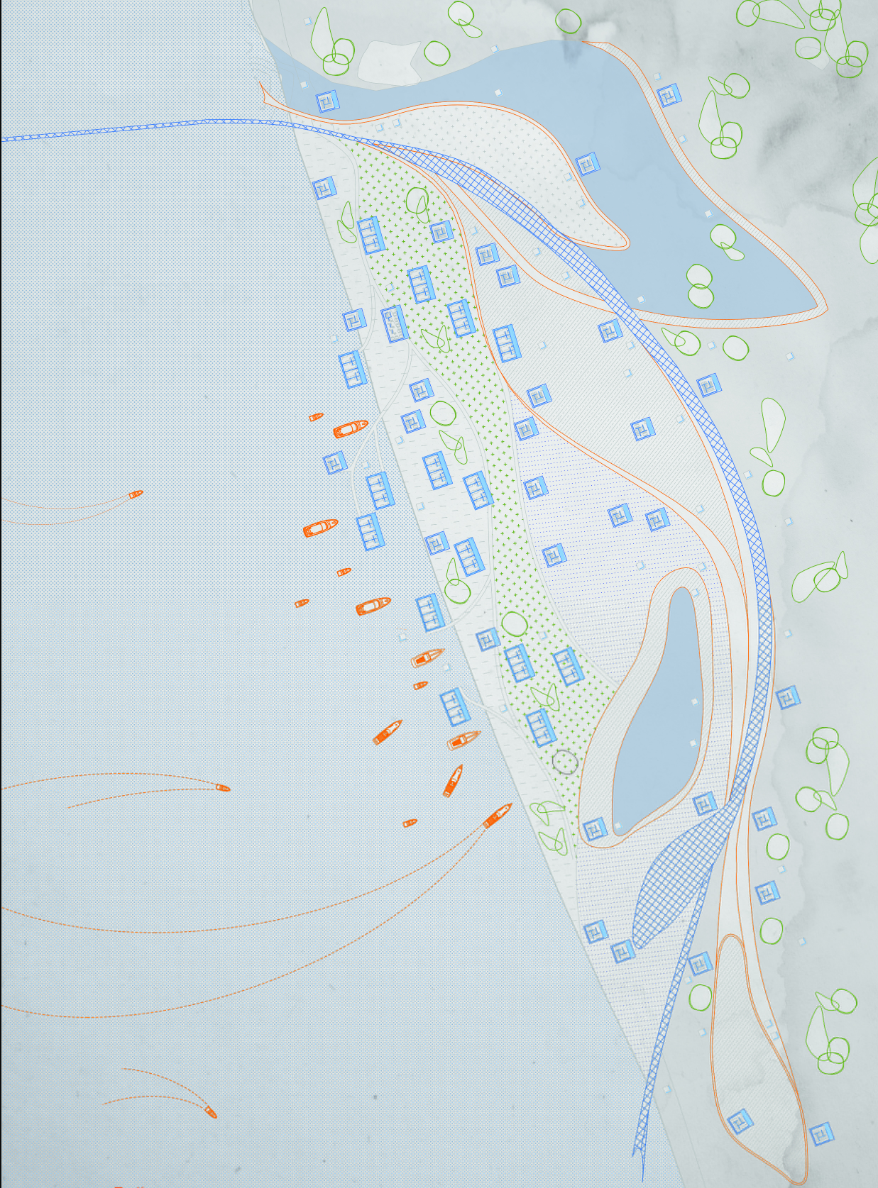 Site plan drawing depicting a peninsula development with buildings clustered along a central green spine near water