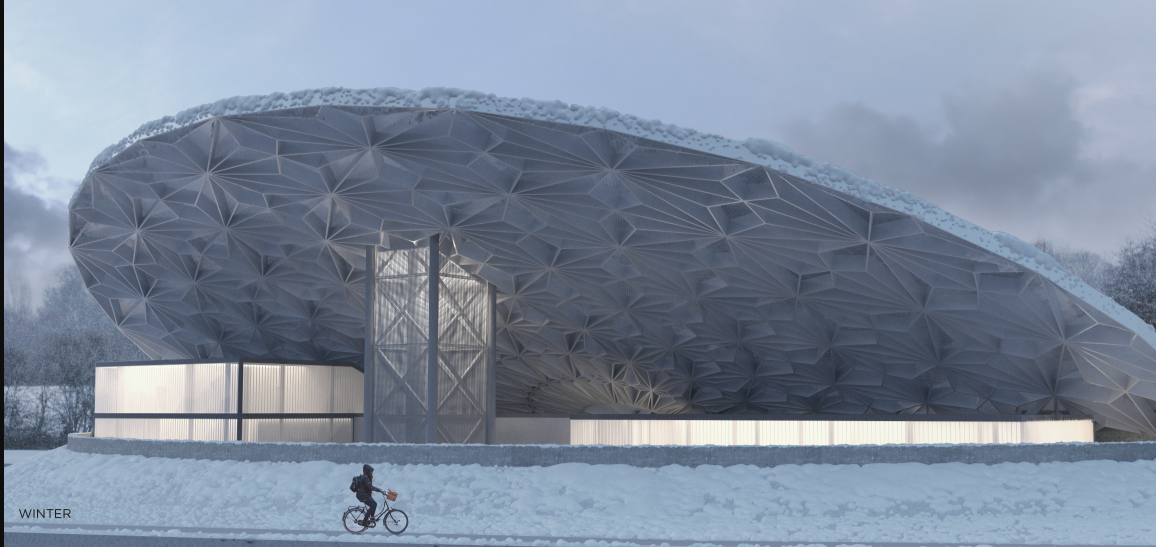 Winter Innovation – A stunning geometric structure showcasing sustainable architecture in a snowy landscape.