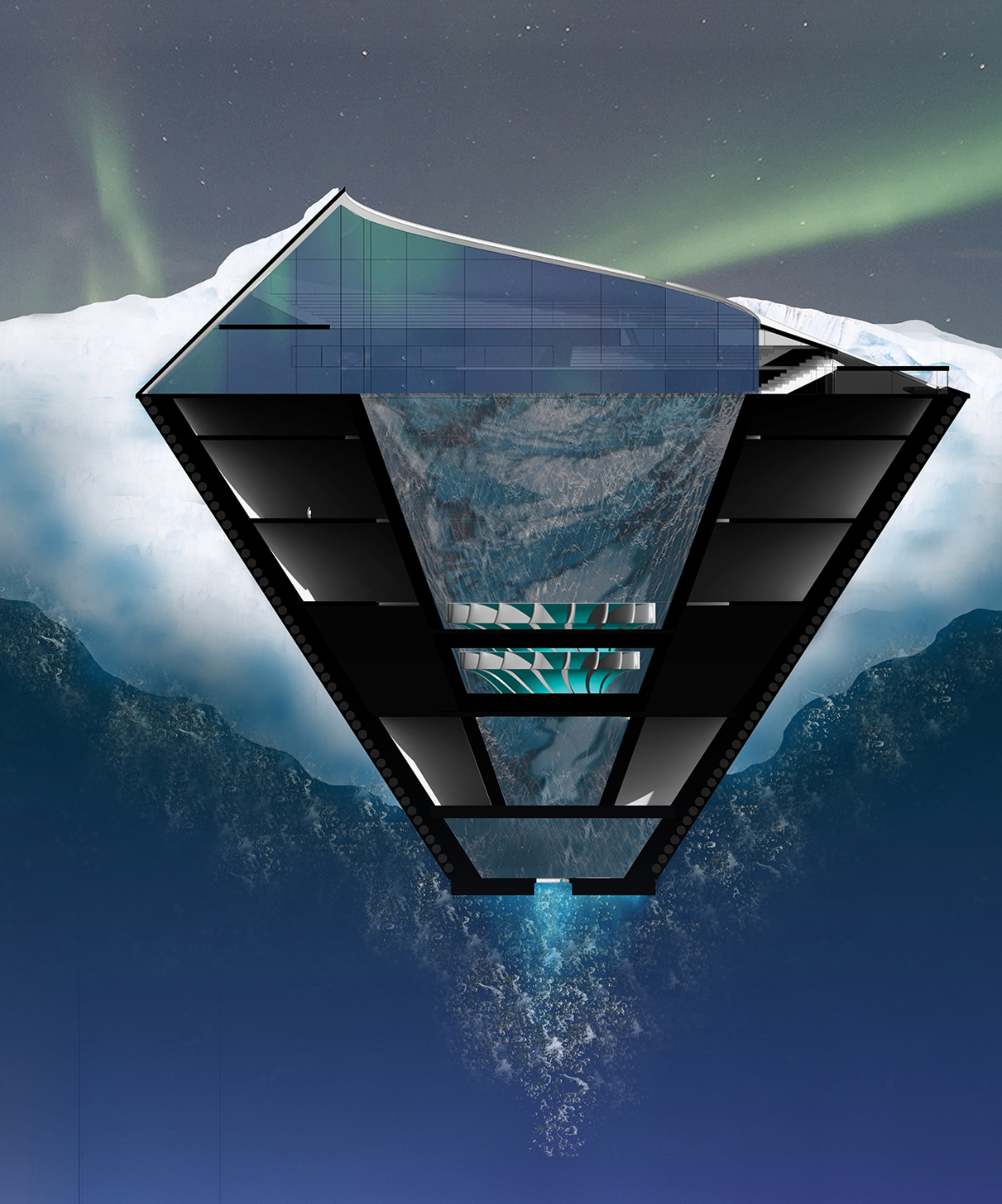 Section drawing showing inverted triangular structure embedded in snow with aurora borealis above