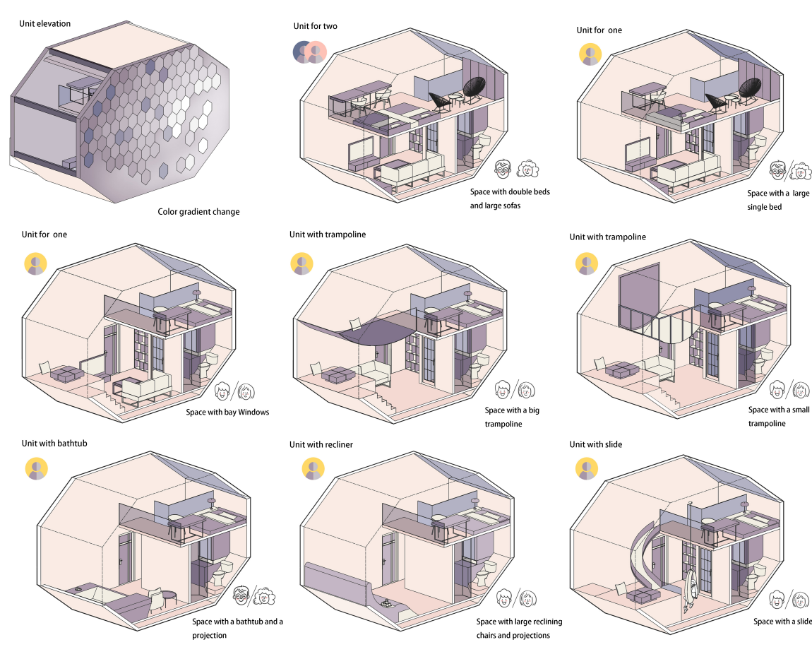 Customizable Hexagonal Living Spaces – Modular units designed for diverse lifestyles, featuring unique elements like trampolines, slides, and recliners.