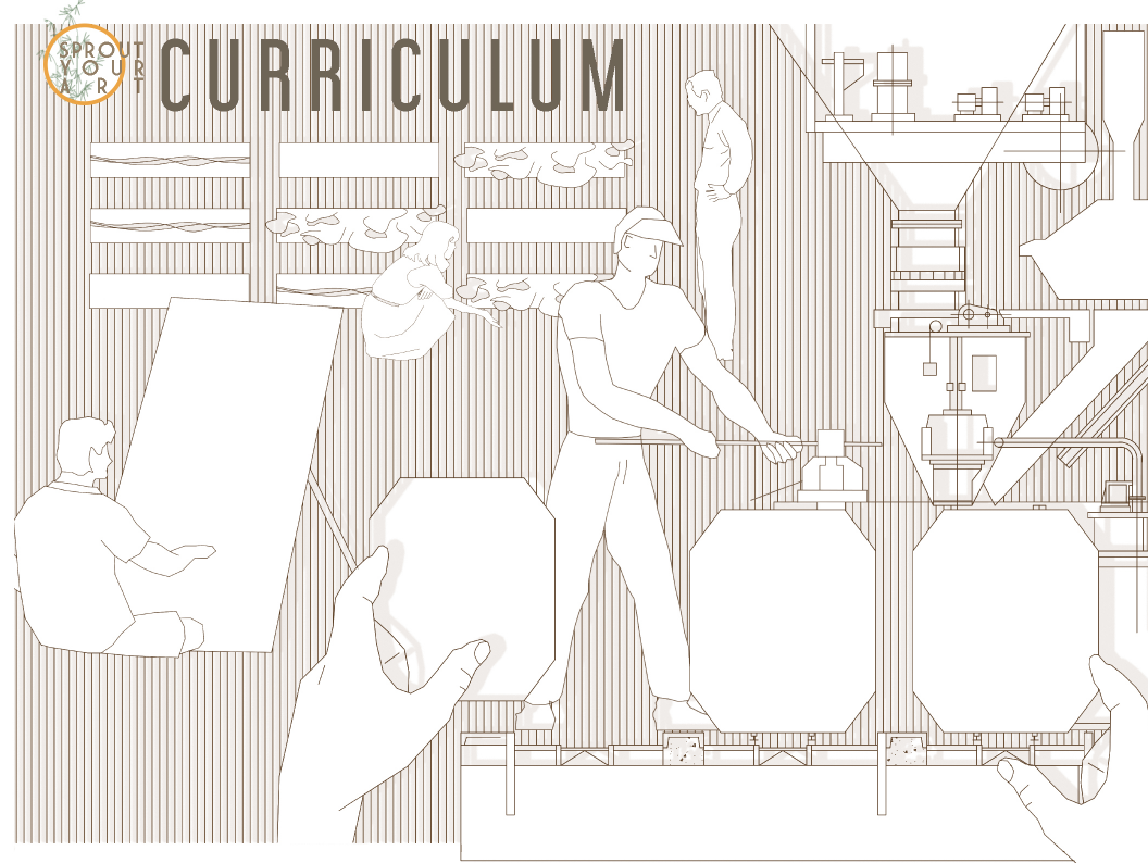 Section drawing depicting people working among large vessels and equipment in a mushroom production facility