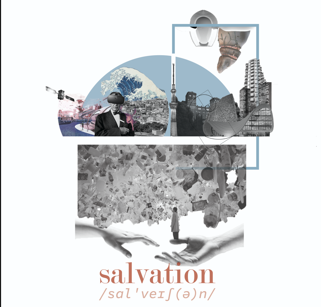 Collage drawing combining historical imagery, urban fabric, and architectural fragments with circular and rectangular frames