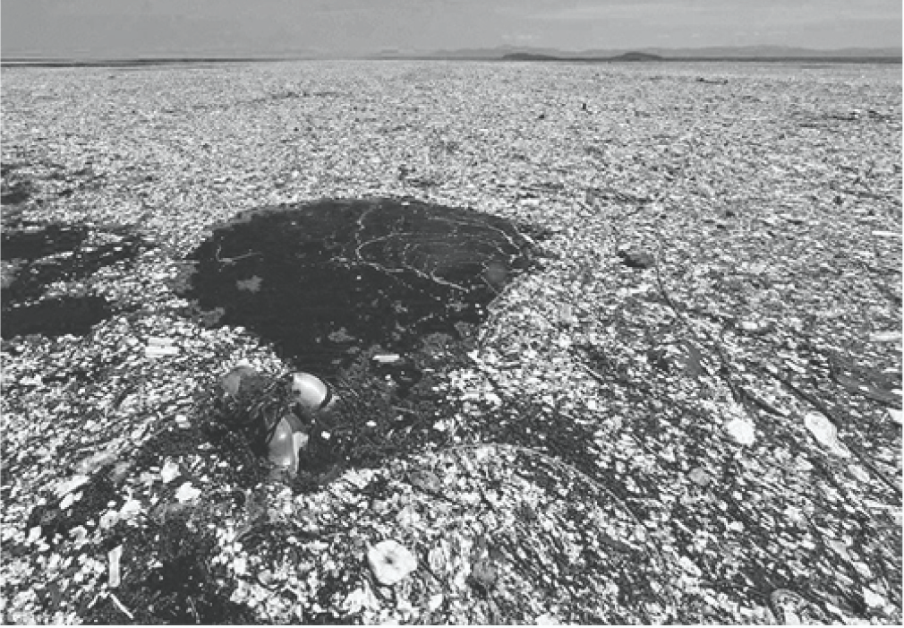 Aerial view of a figure standing beside a dark crater in a vast white pebble field