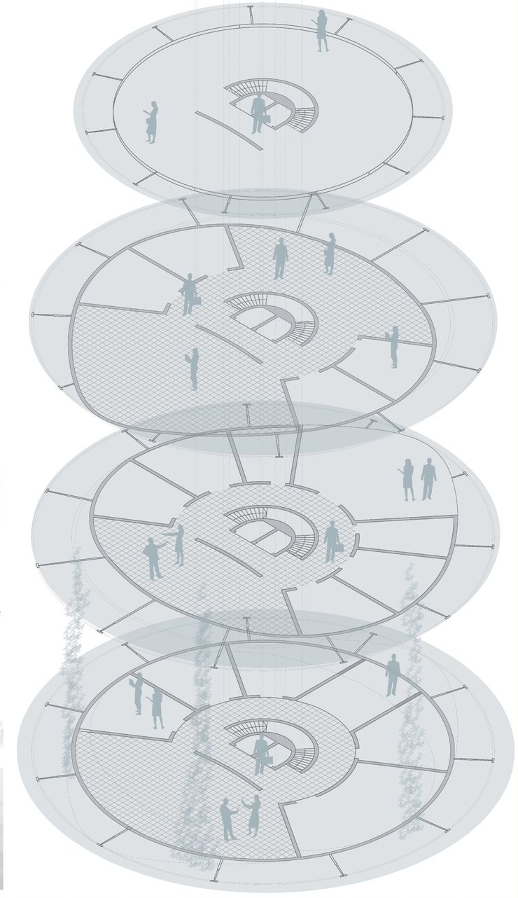 Axonometric drawing showing four stacked oval floor plates with radial circulation and scattered figures