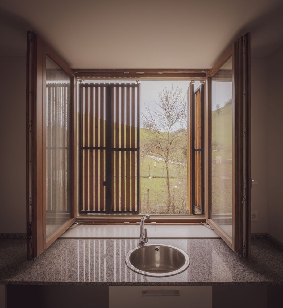 Interior window bay with timber frame and vertical screen opening to hillside with bare tree