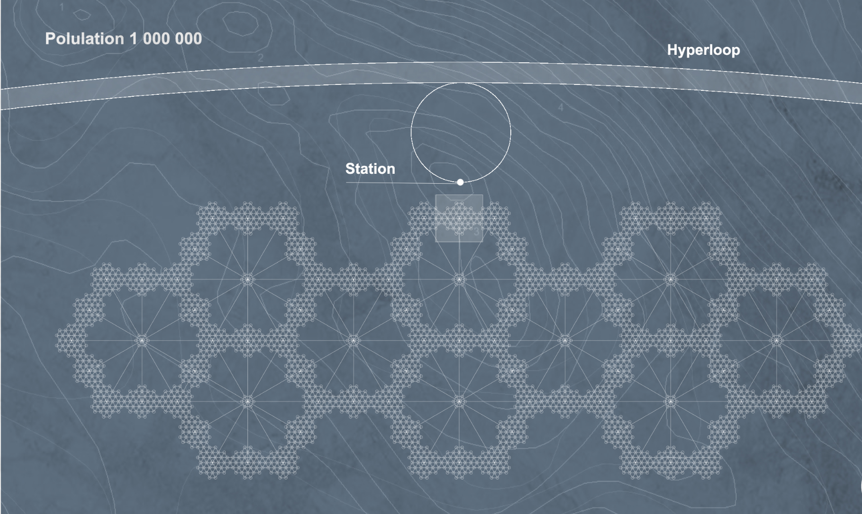Hexagonal Arctic City Layout – A futuristic modular city designed for 1,000,000 inhabitants, connected to a Hyperloop transit system.