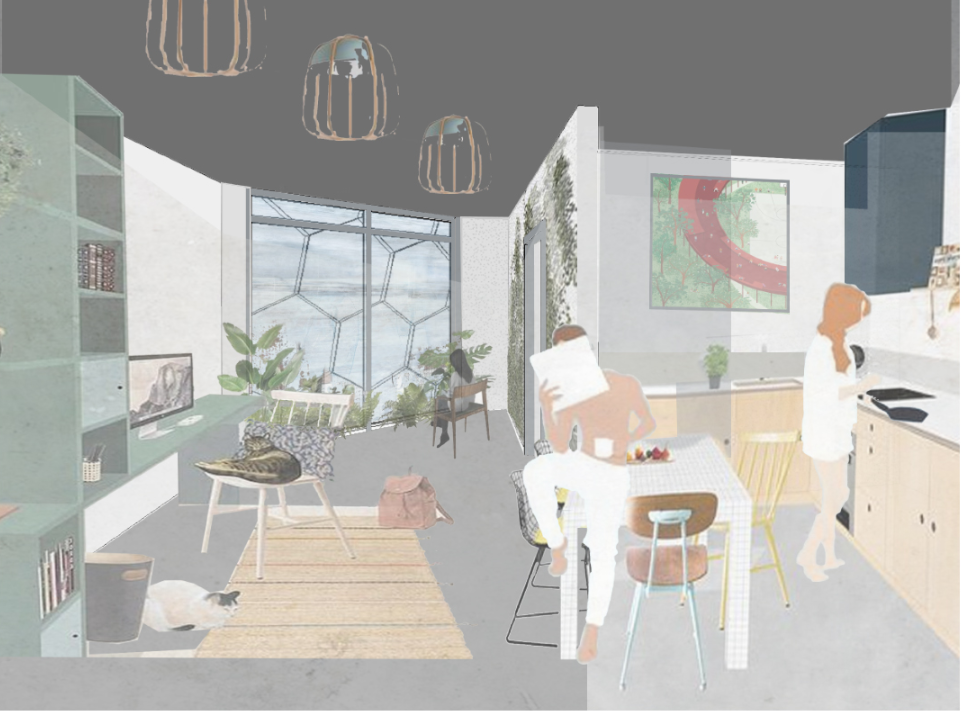 Arctic Living Space – A cozy and sustainable interior featuring modern furniture, green spaces, and a hexagonal window structure.