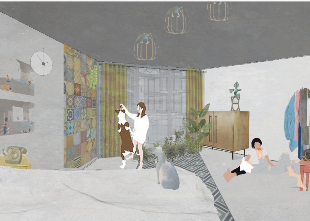 Community Living Inside the Dome – A spacious residential area with vibrant decor, fostering social interaction and relaxation.