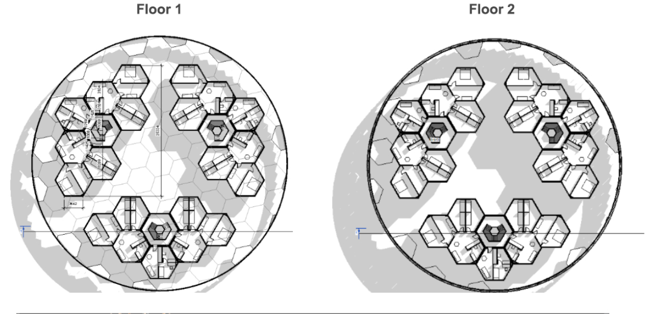 Multilevel Housing Units – A breakdown of different floor levels, showcasing the innovative modular housing units.