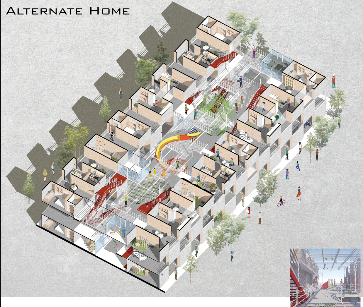 Exploded Isometric View – A detailed visualization of modular unit arrangements and communal design.