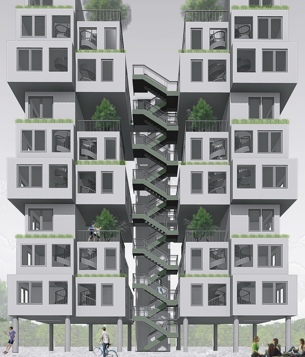 Stacked Modular Housing – A dynamic, sustainable design with interlocking residential units and green rooftop spaces.