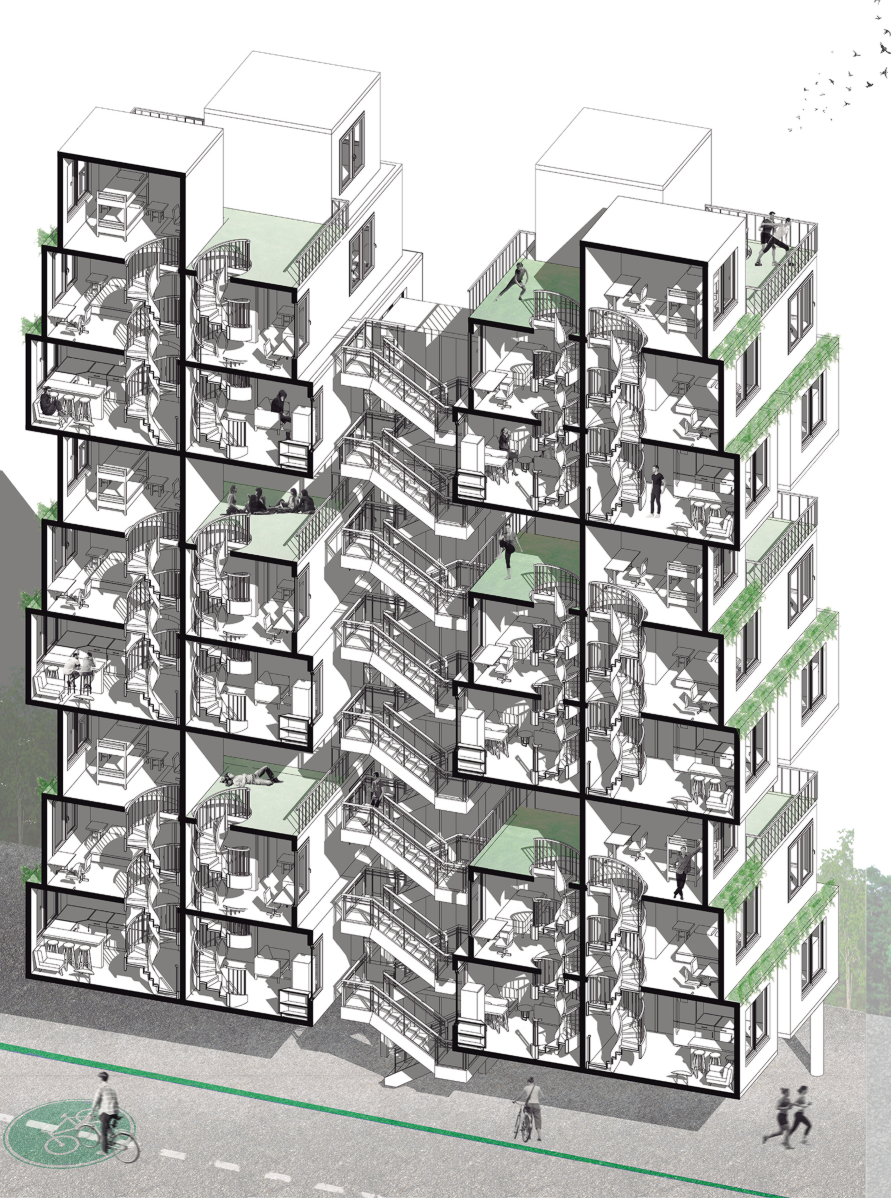 Exploded Axonometric View – A detailed sectional perspective showcasing the interior living spaces and connectivity.