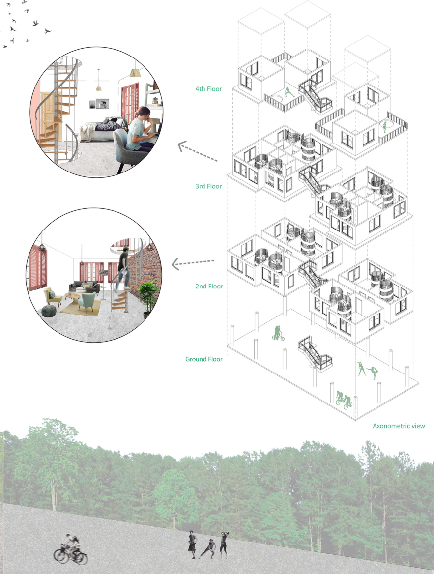 Interior & Spatial Organization – A breakdown of unit layouts, displaying modern, open-concept living spaces across floors.