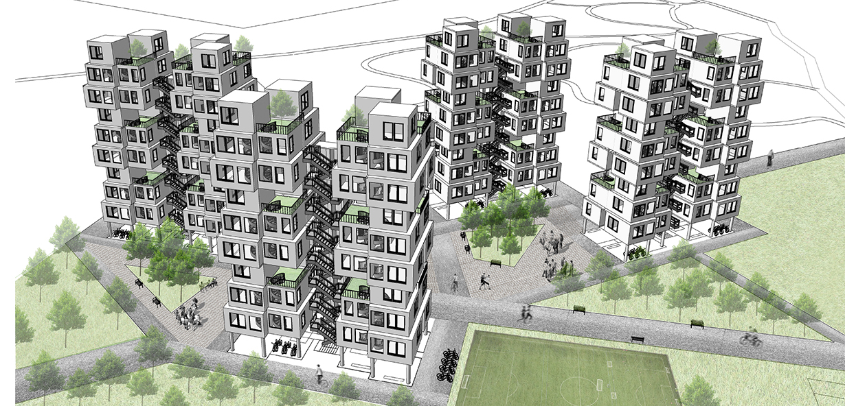 Aerial View of Residential Cluster – A master plan illustrating the integration of modular housing within a sports-centric urban environment.