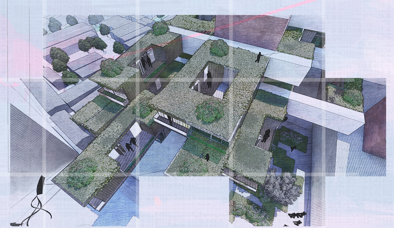 Aerial view of modular eco-housing—blending architecture with nature.