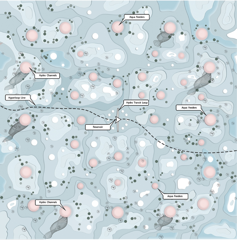 Master Plan – A blueprint of City A.Q.U.A showcasing hydro channels and aqua feeders.