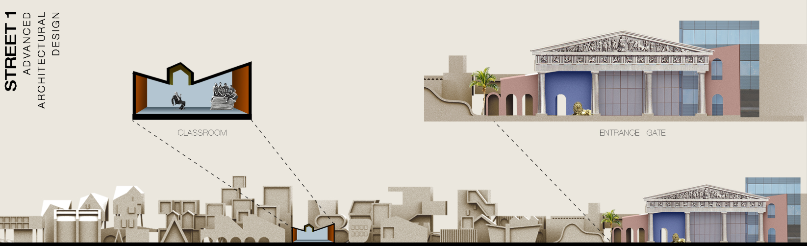 Street 1: Advanced Architectural Design" – A detailed sectional view of learning spaces within an innovative urban framework.