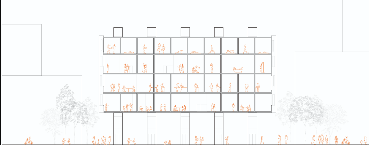 Section View – A cross-sectional perspective showcasing vertical circulation and community interaction.