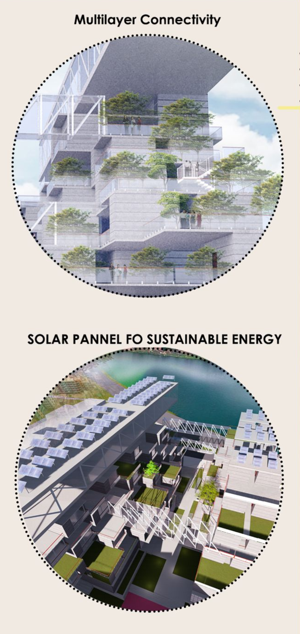 Renderings showing stacked volumes with planted terraces and a roof canopy with solar panels