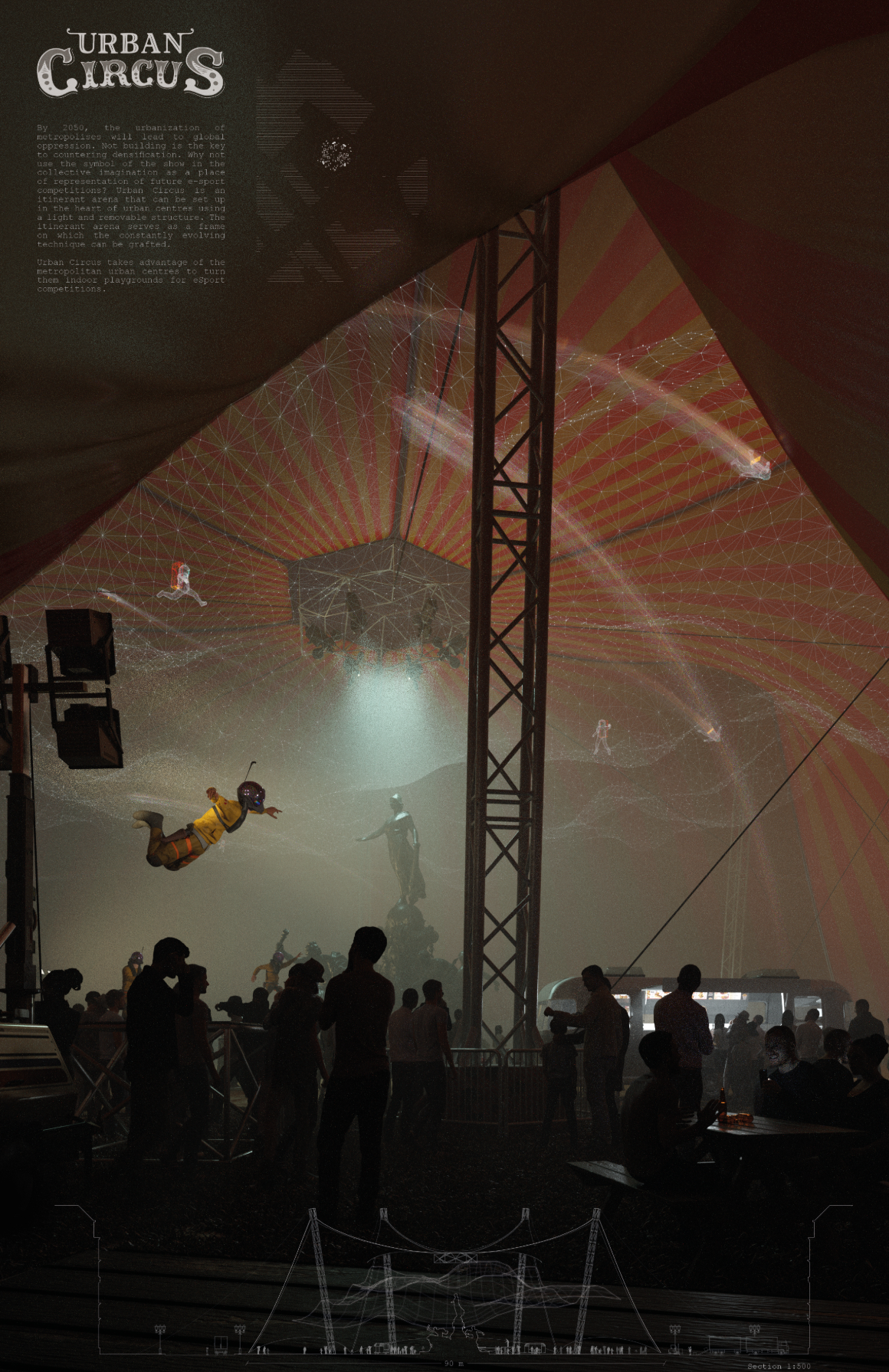 Immersive E-Sports Experience – Players and spectators merge in a holographic game world under the Urban Circus tent.