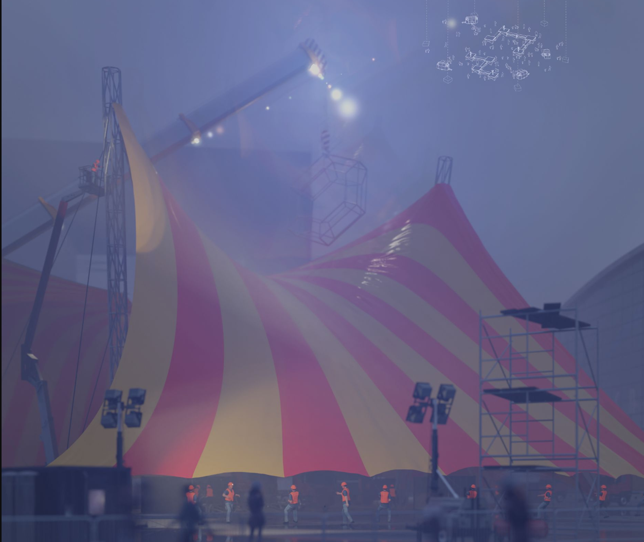 The Setup – Construction crews assemble the temporary Urban Circus structure, redefining e-sports arenas in urban centers.