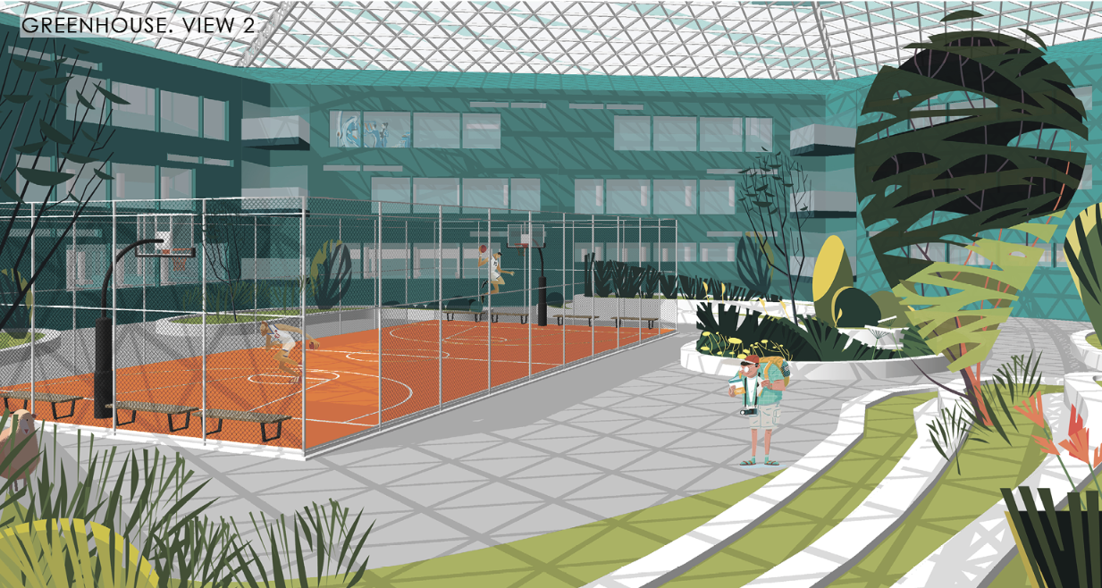 Indoor Greenhouse & Recreation – A sustainable indoor ecosystem providing fresh food and leisure space.