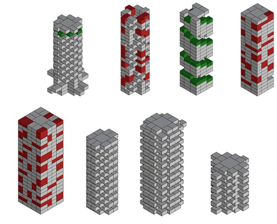Vertical Tower Concepts – Different modular stacking arrangements for adaptable high-rise structures.