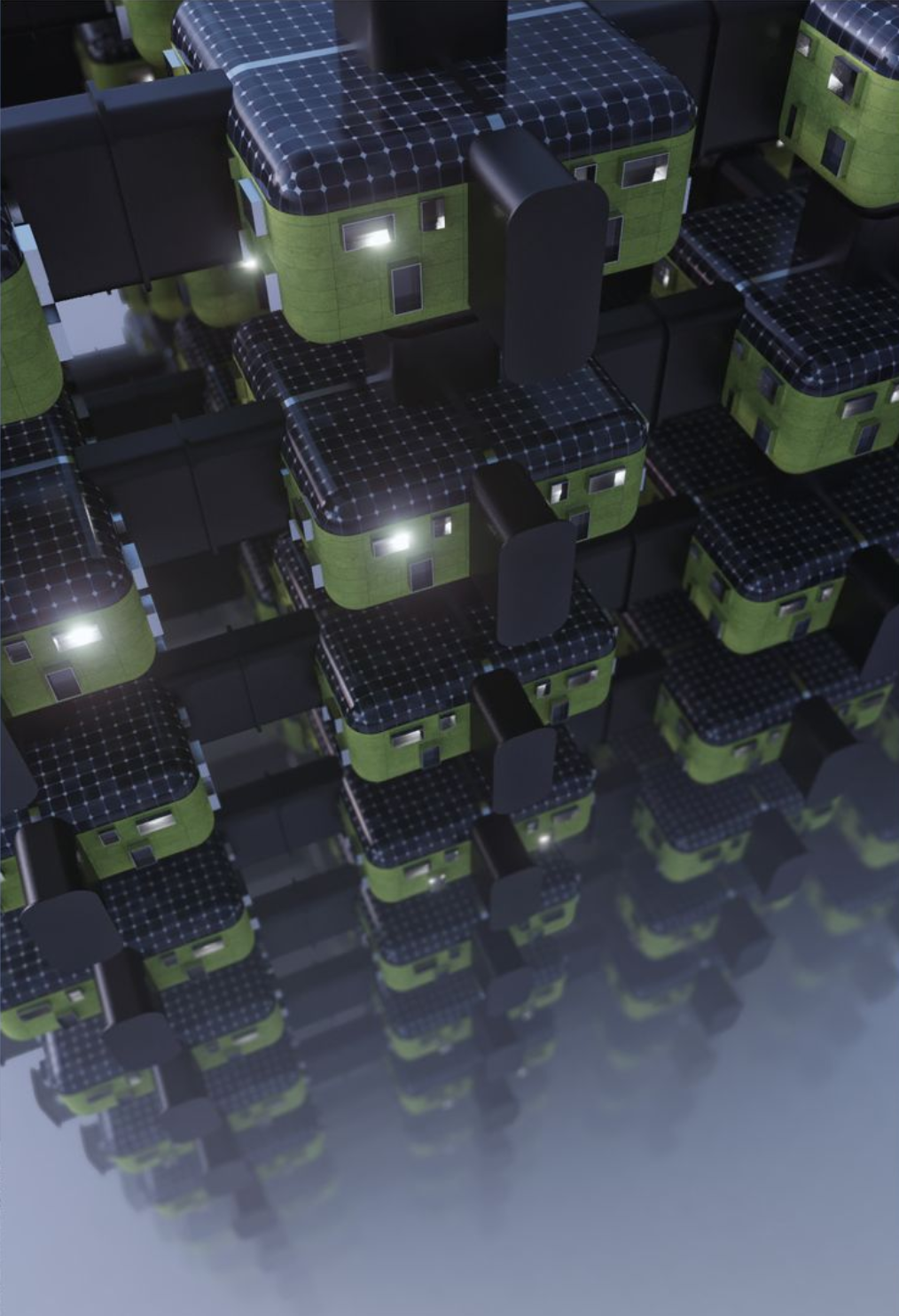 Sustainable Design Close-up: A detailed view of the habitat's modular units, showcasing solar panels and energy-efficient design elements.
