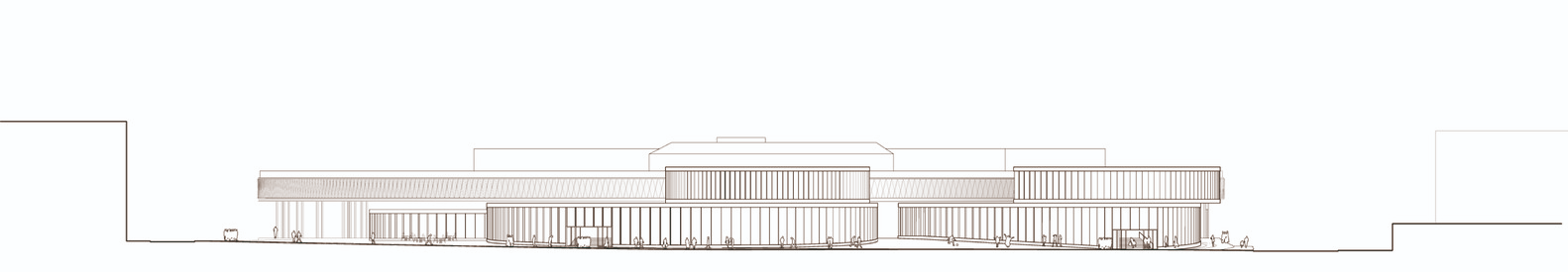 Elevation drawing showing the horizontal massing of the multi-level structure with slender columns