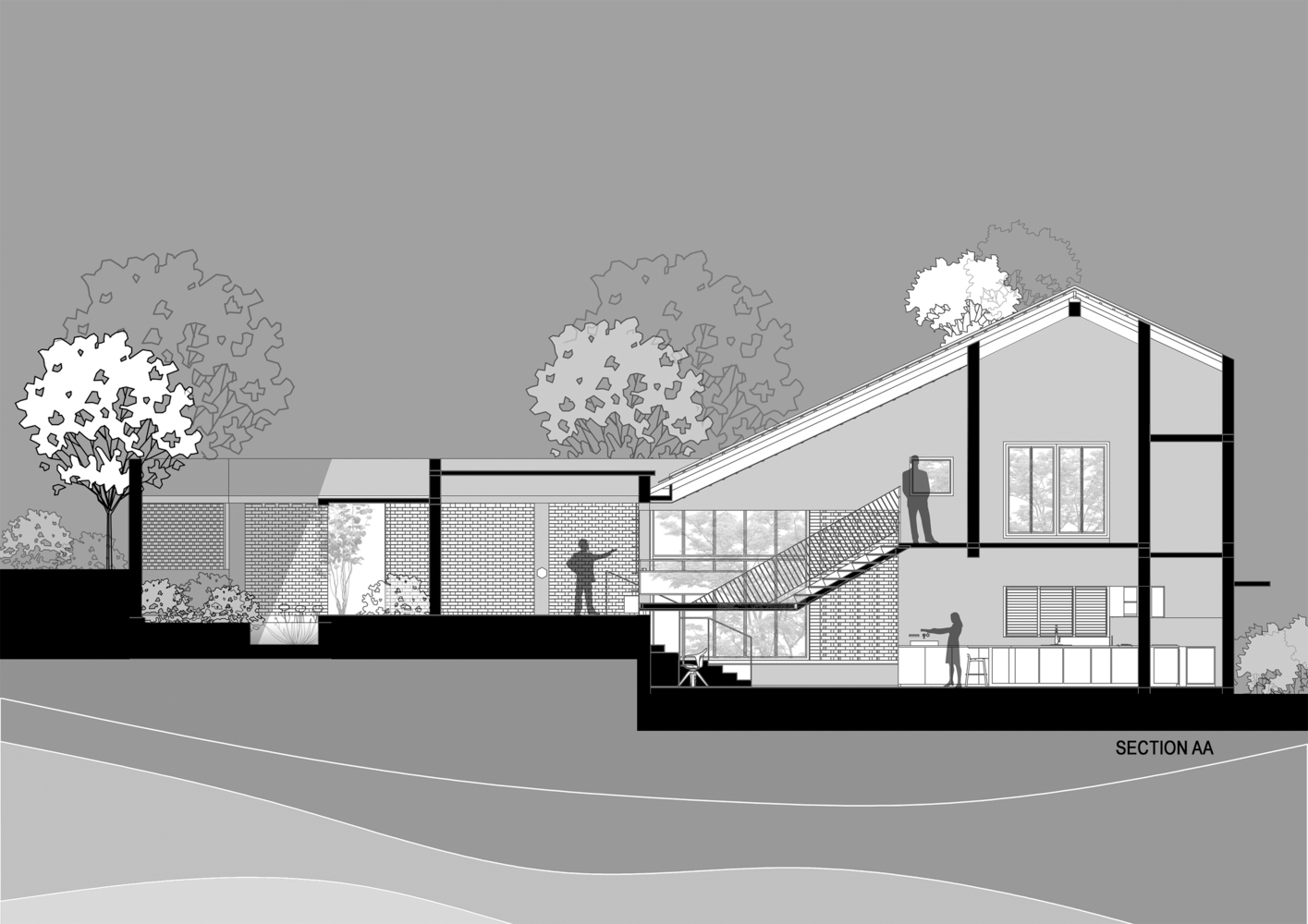 Section drawing showing split-level residence with sloping roof and planted landscape with trees