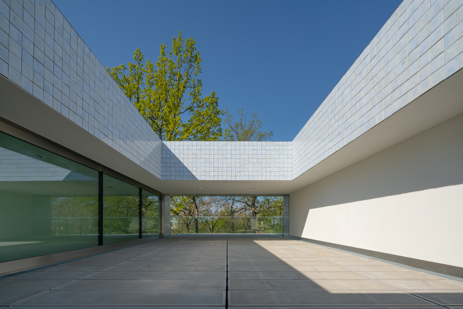 Open courtyard with white tile walls and a tree rising through the central void