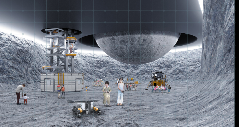 Rendering of a crater-like interior with visitors beneath a suspended spherical planetarium dome