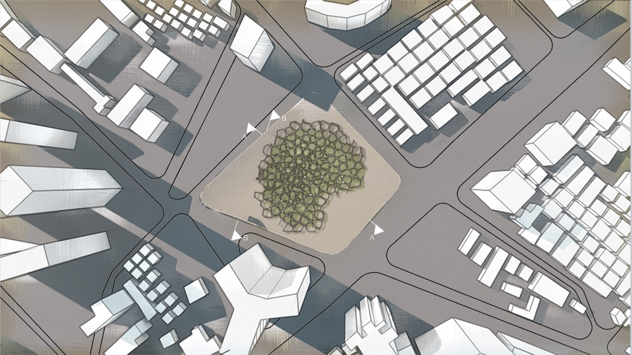 Site plan drawing showing cellular green roof within urban blocks and streets