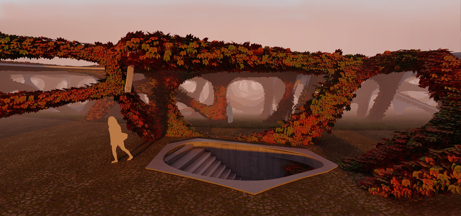 Planted roof arches with autumn foliage framing a hexagonal skylight at dusk