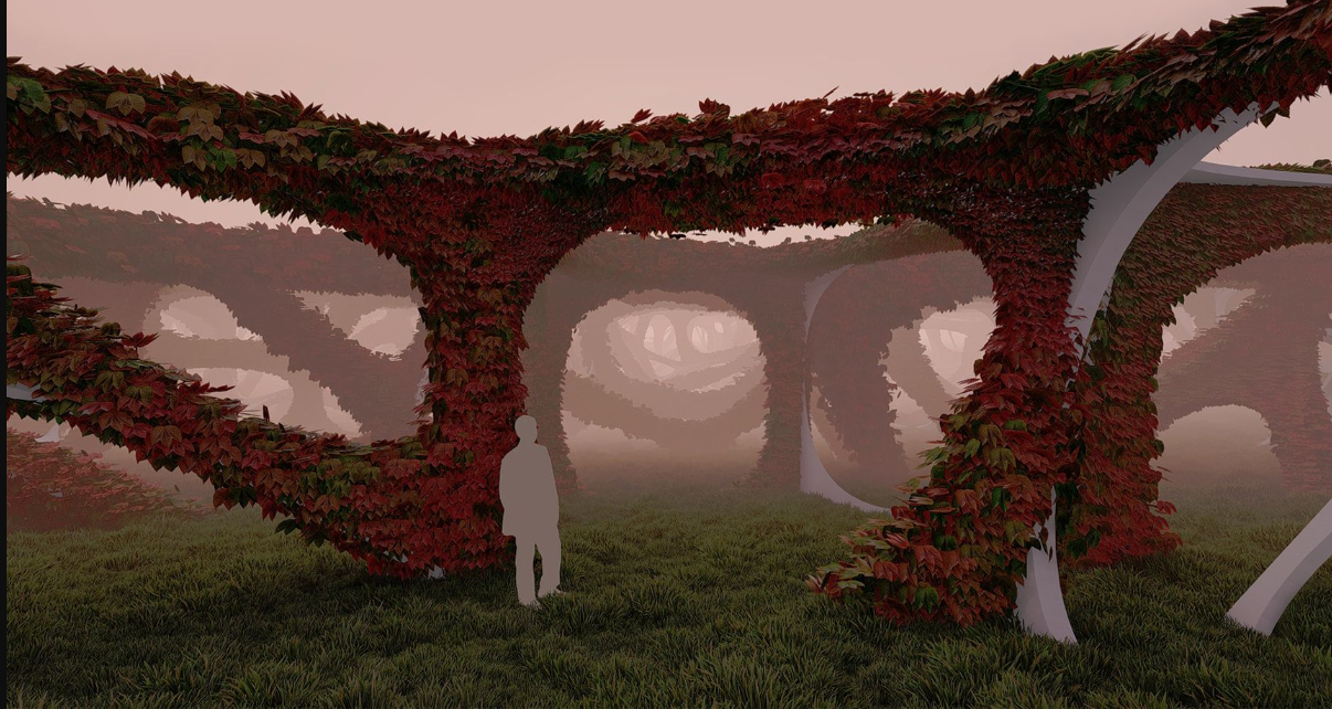 View through branching planted structure covered in red and green vegetation with figure walking
