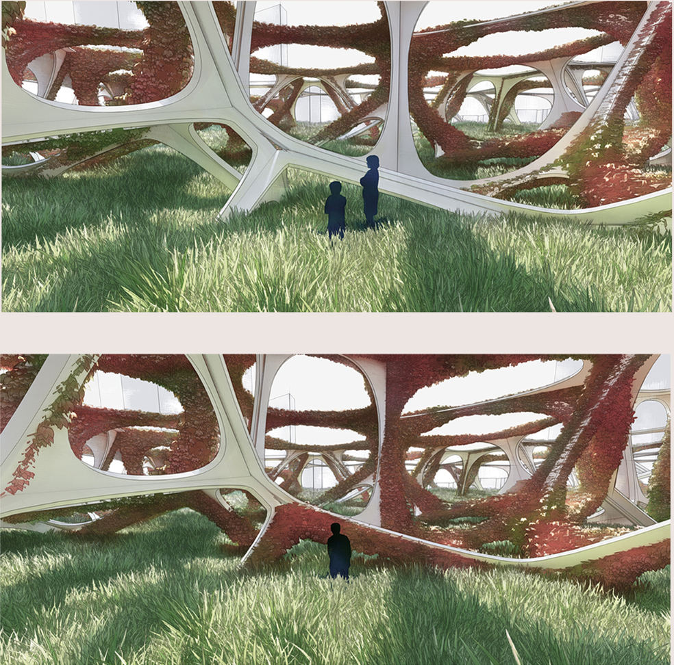 Interior views beneath branching white structure with planted roof and figures in tall grass