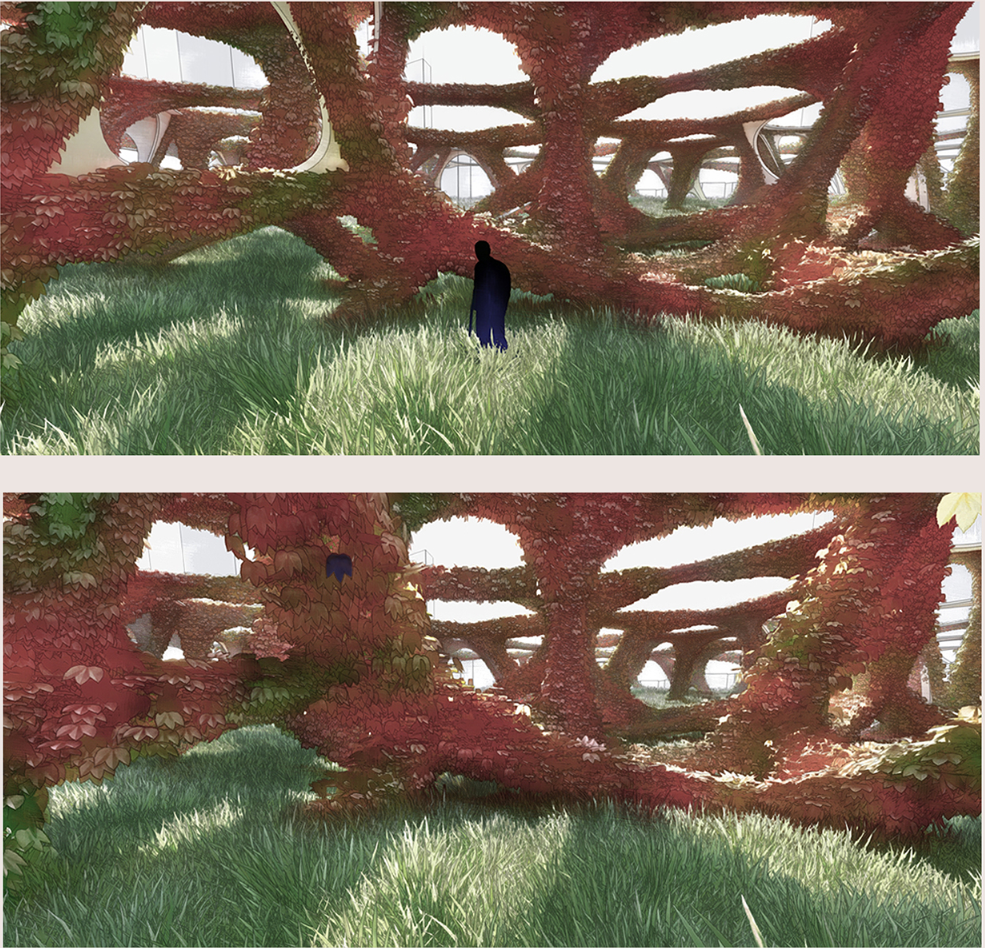 Interior perspectives showing planted canopy overhead and figure walking through grassy floor