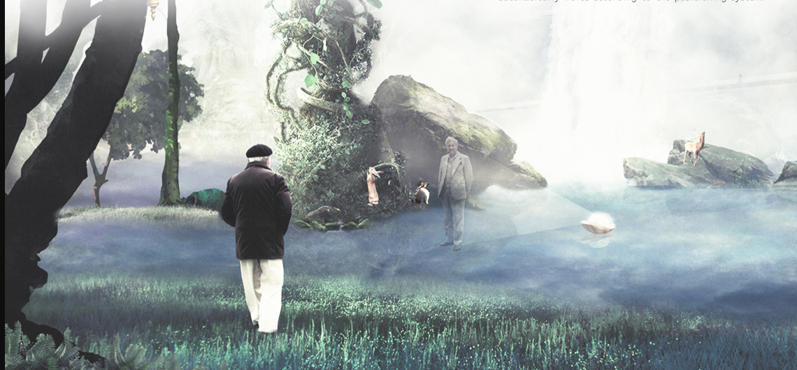 Reflective Commemoration by the Water – A tranquil space for remembrance, where digital projections honor the deceased.