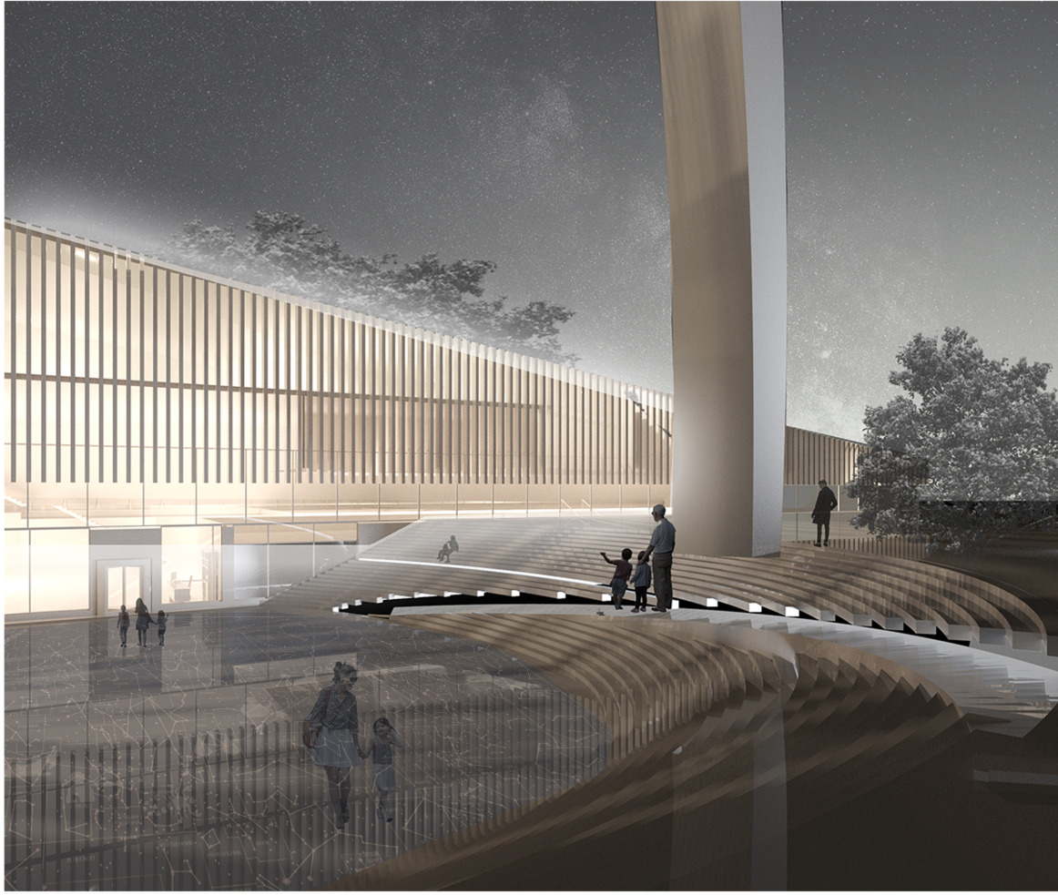 Interactive Learning Plaza – A night-time perspective of the museum entrance, designed to spark curiosity and engagement.