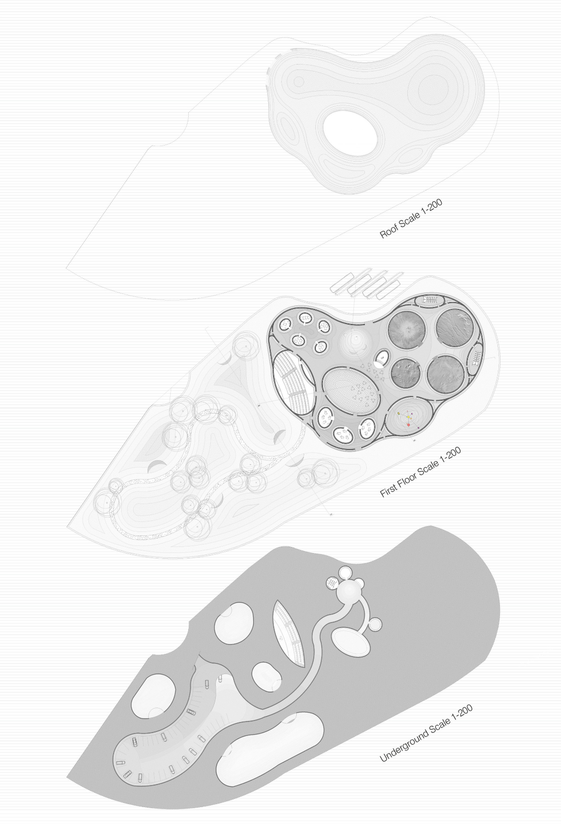 Floor Plans & Levels – A detailed breakdown of the roof, first floor, and underground spaces, highlighting modular adaptability.