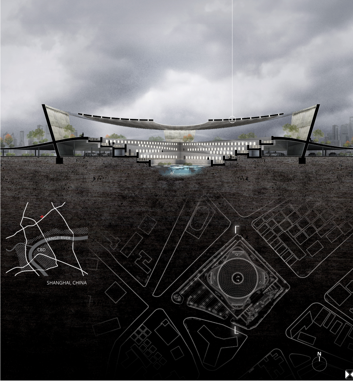 Sectional Perspective – A cross-sectional view showcasing the Sky Cemetery’s elevated memorial prisms and sunken remembrance garden.