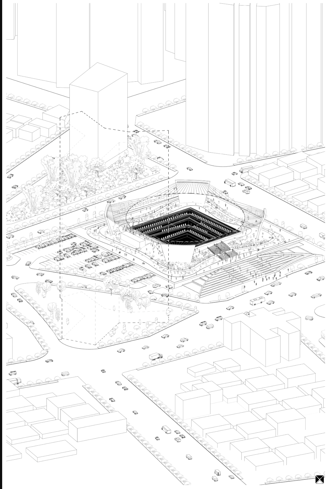 Urban Integration – Axonometric drawing illustrating the cemetery’s seamless integration within the city’s urban fabric.
