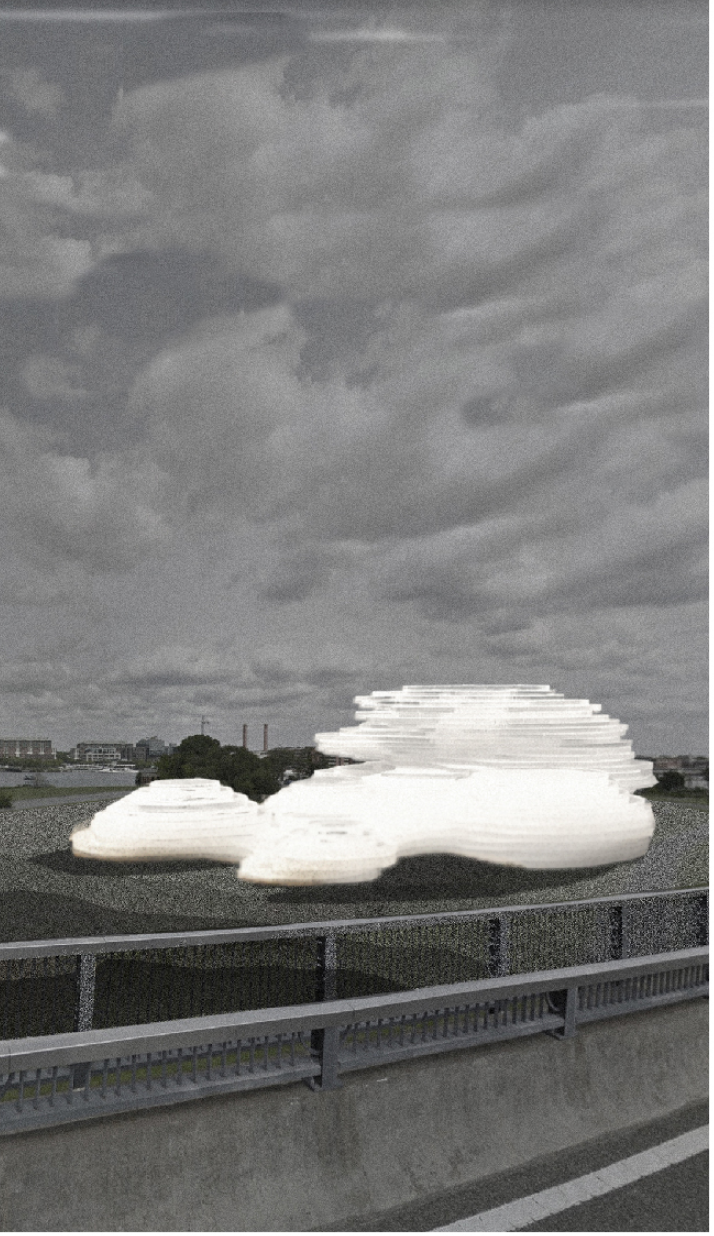 Futuristic architecture emerging from the landscape.